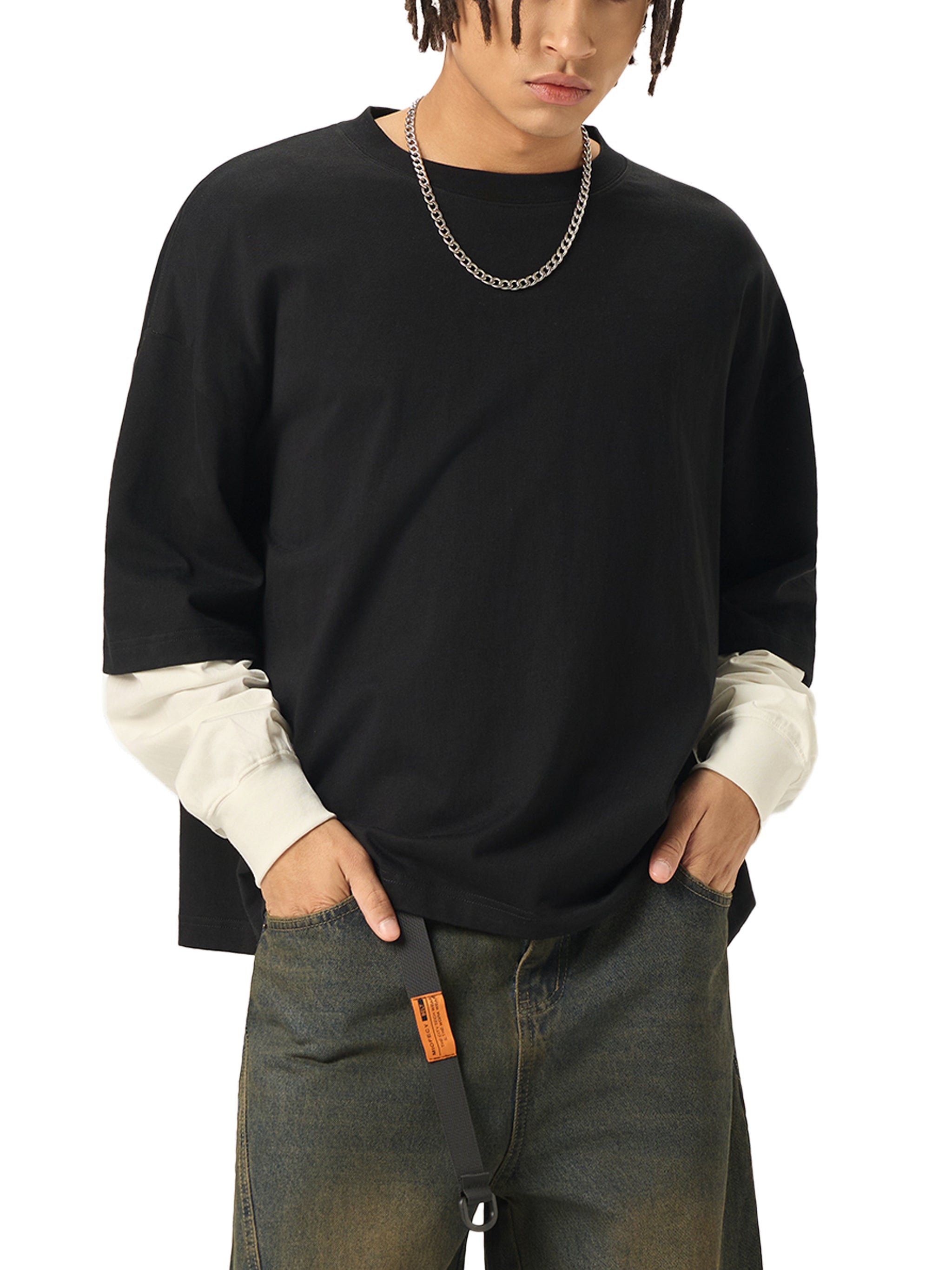 Layered Contrast Sleeve Cotton T-Shirt